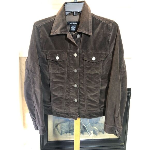 Calvin Klein Jeans Women’s Corduroy Brown Button Up Jean Collared Jacket Size S - Picture 1 of 8